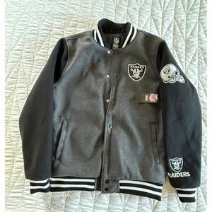 NFL Raiders Jacket Varsity Style Full‎ Snap Patches Black Gray Mens